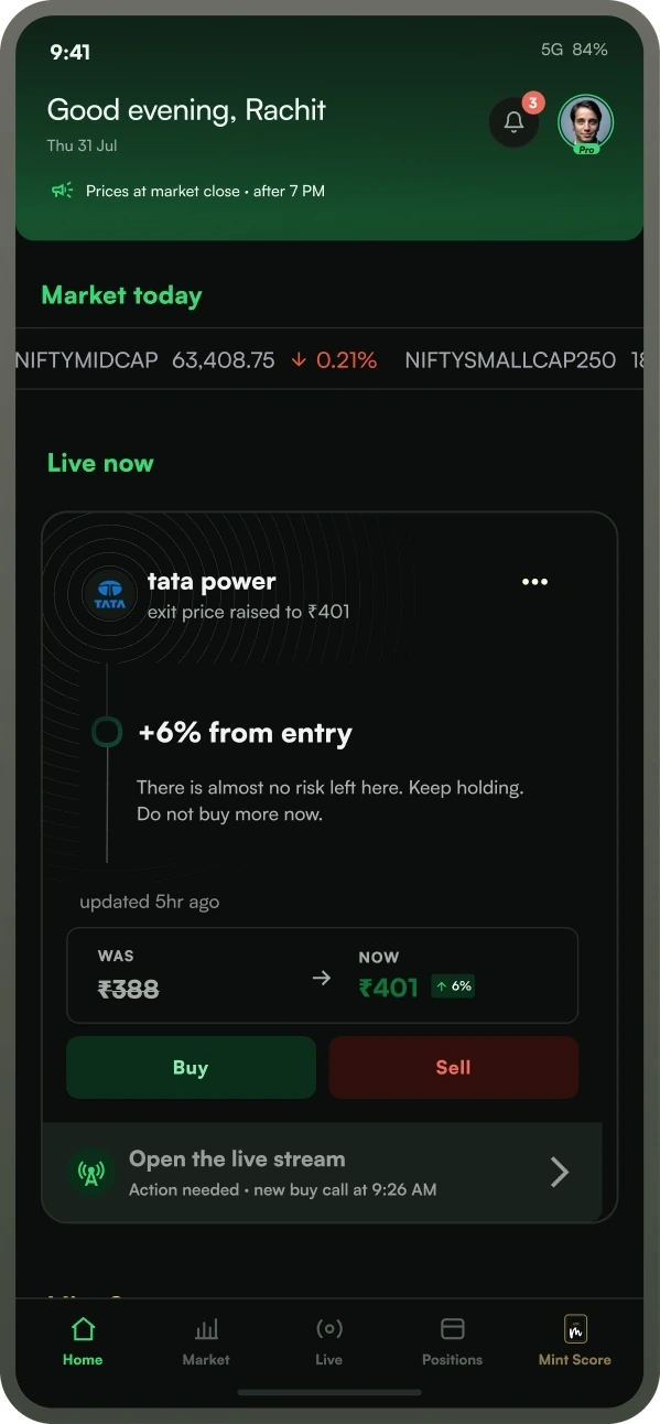 Mint app home screen showing market today and live guidance