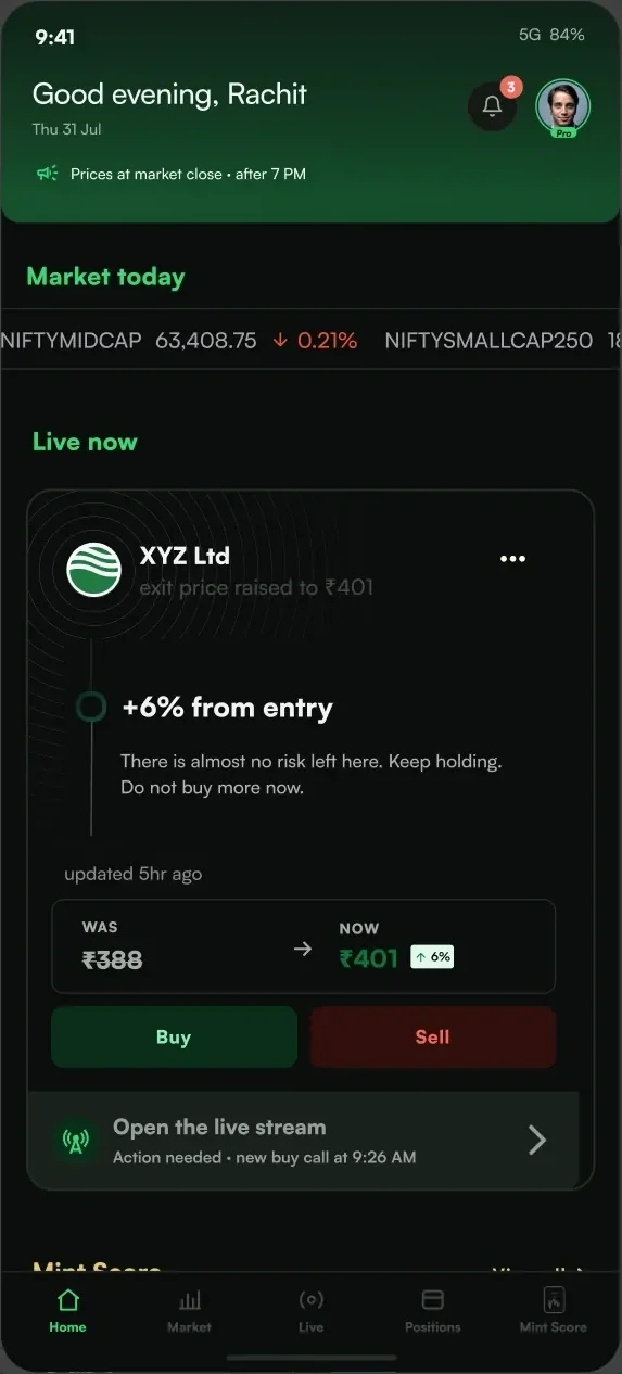 Mint Pro home with live guidance