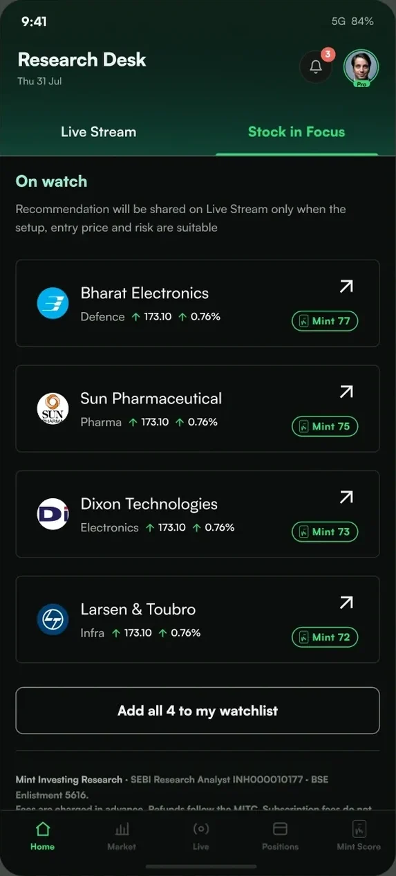 Watchlist with live guidance