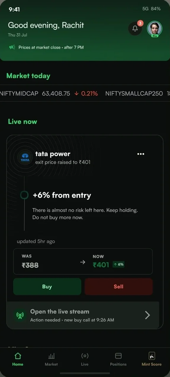 Mint app home screen showing market today and live guidance