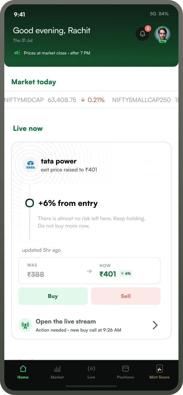 Mint app home screen showing market today and live guidance